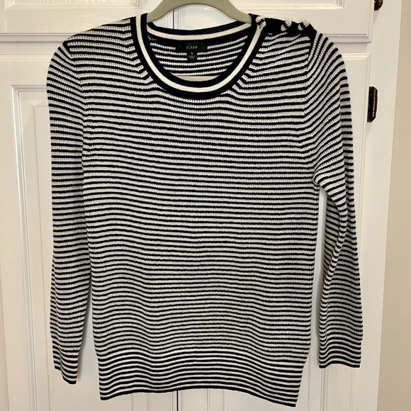 J. Crew Shoulder Button Merino Wool Sweater in Navy and Cream Stripe Size Small - Picture 2 of 11